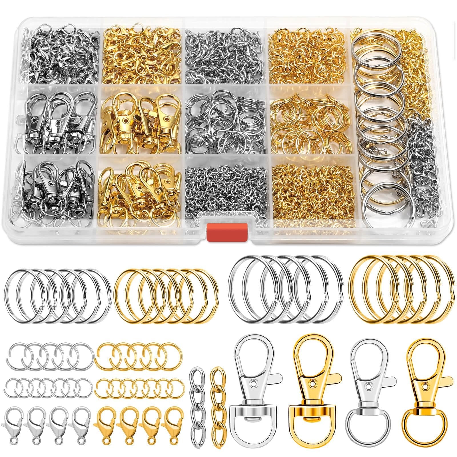 Keychain making kit with assorted silver and gold clasps, jump rings, and key rings in a clear organizer box and laid out below.