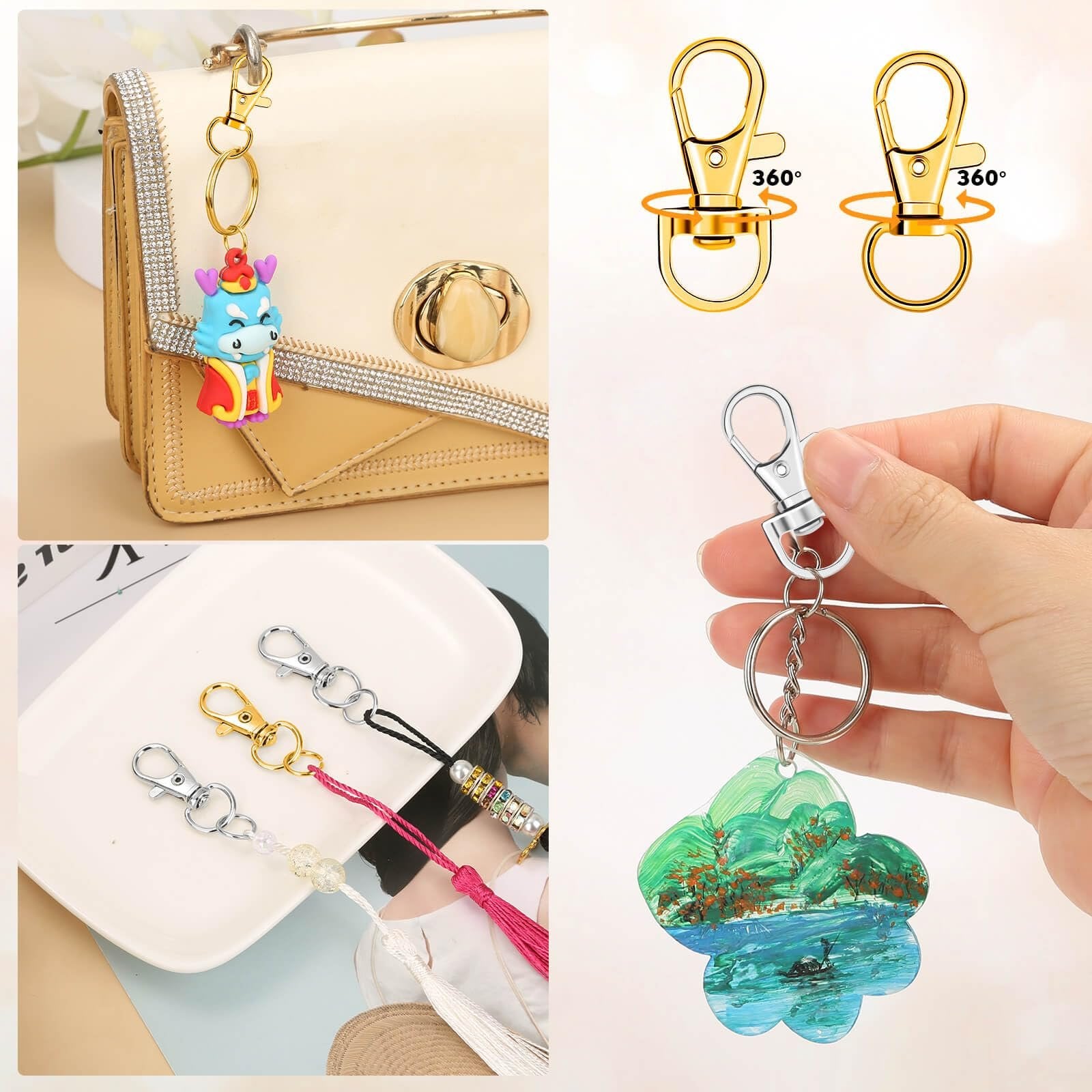 Collage of keychain making supplies: cartoon charm on purse, swivel clasps with 360 degree rotation, and decorative tassels with beads.