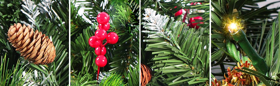 Close-up collage of Christmas garland details: pine cone, red berries, frosted pine needles, and a lit LED bulb.