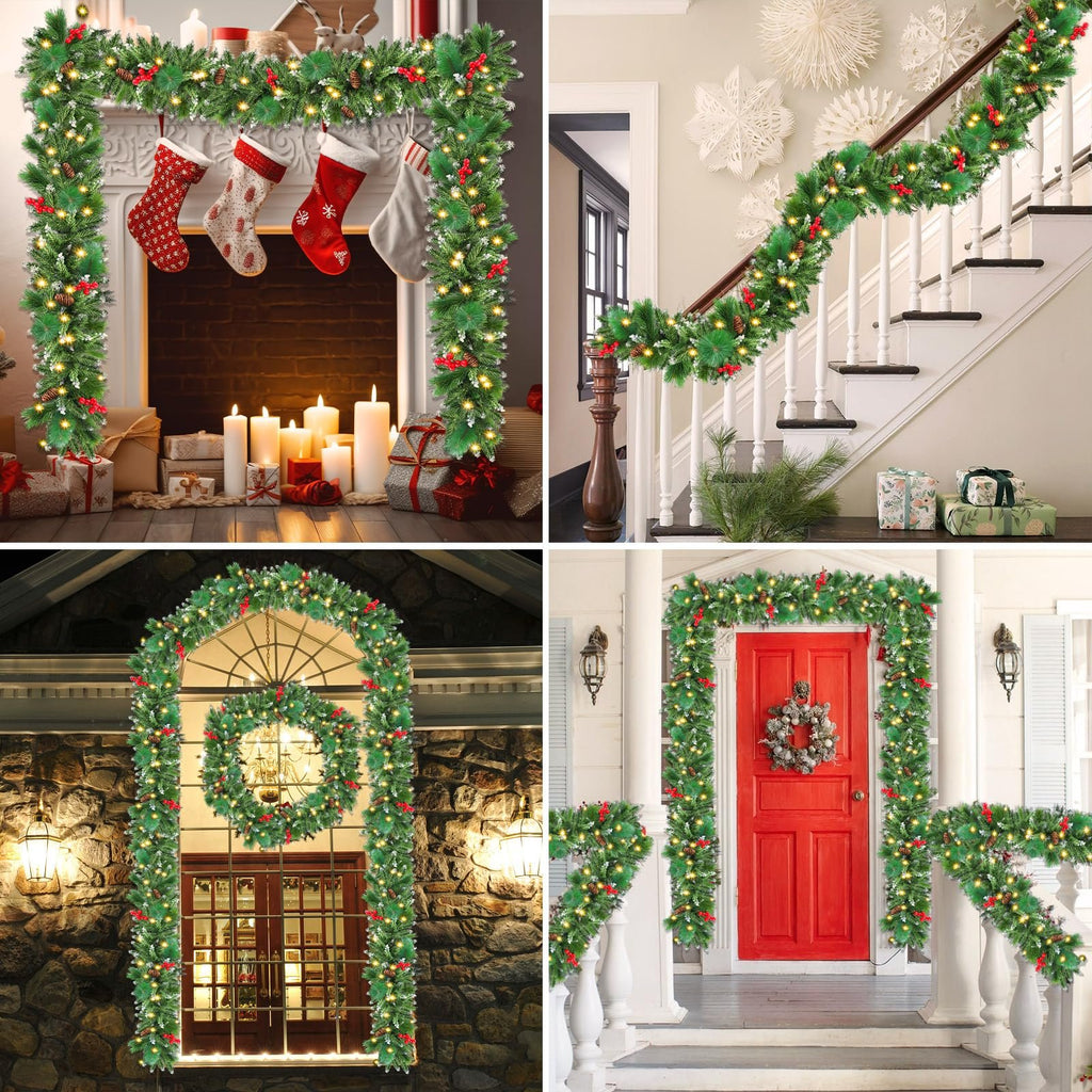 Christmas garland with lights draped over a fireplace, staircase, arched window, and front door