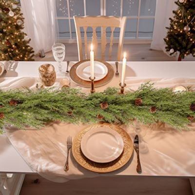 Festive dining table set with a green pine cone garland, candles, and Christmas trees in the background.