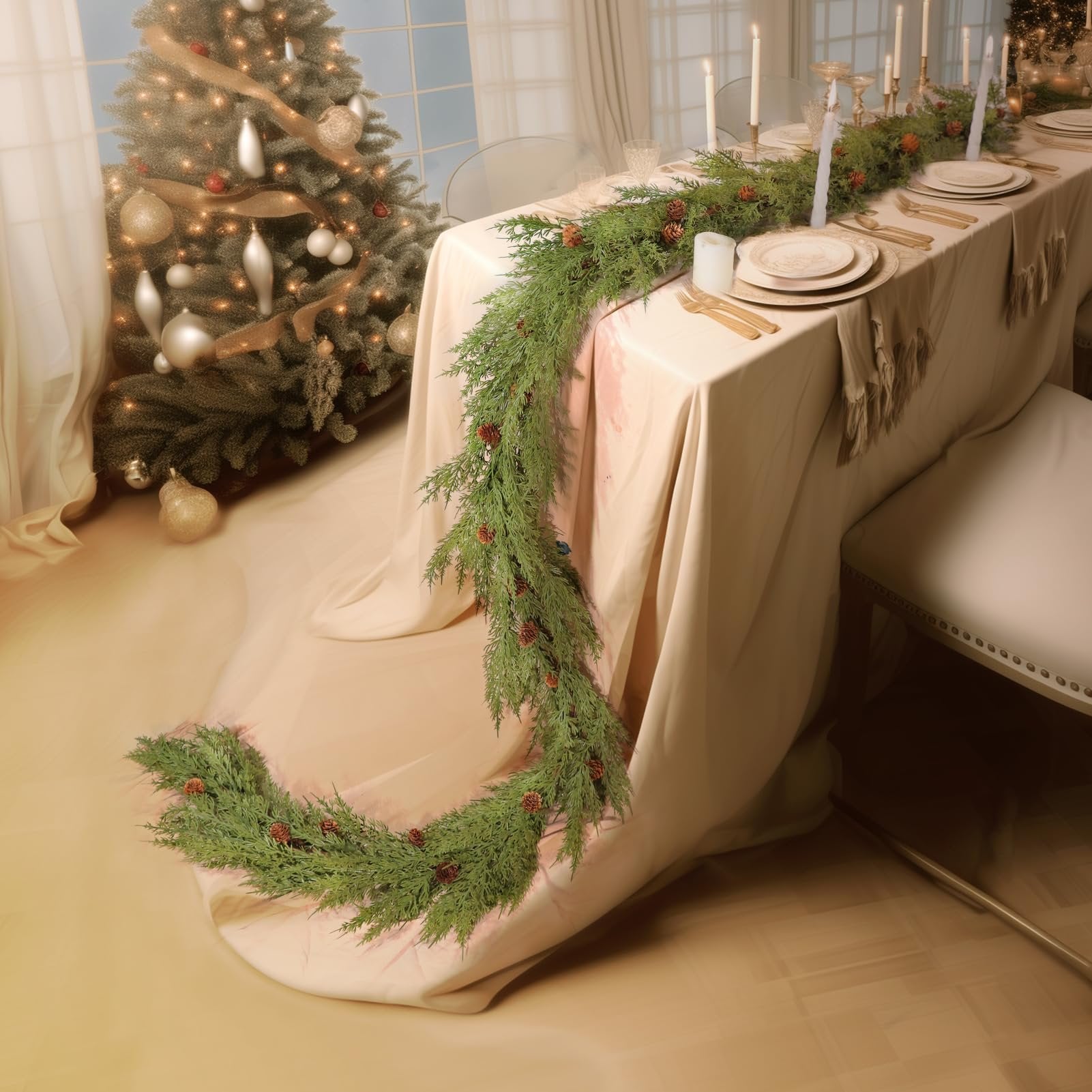 Christmas garland with pine cones draped over a table set for a meal next to a decorated Christmas tree.