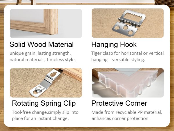 Collage of four close-up images showing features of a solid wood picture frame: material, hanging hook, spring clip, and protective corner.
