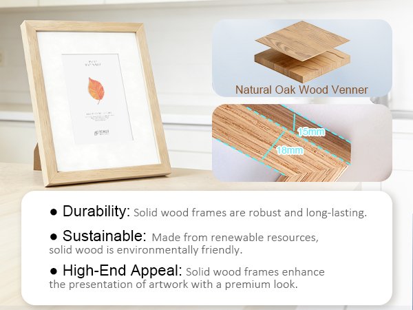 Natural oak wood picture frame with mat, shown at an angle on a countertop.