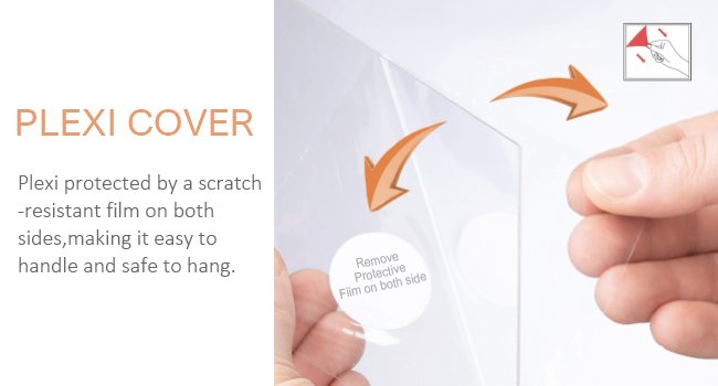 Close-up of a hand peeling protective film from a clear plexiglass cover for a picture frame.