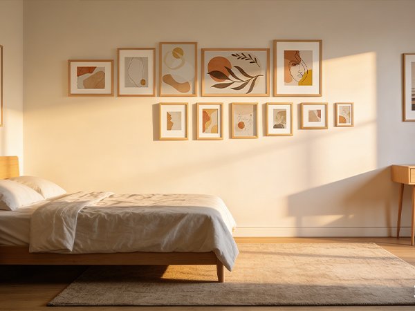 Bedroom scene with a bed and a gallery wall of abstract art in natural wood frames