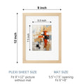 Natural wood picture frame with mat, showing dimensions for 9x12 inch frame and 6x8 inch photo with mat.