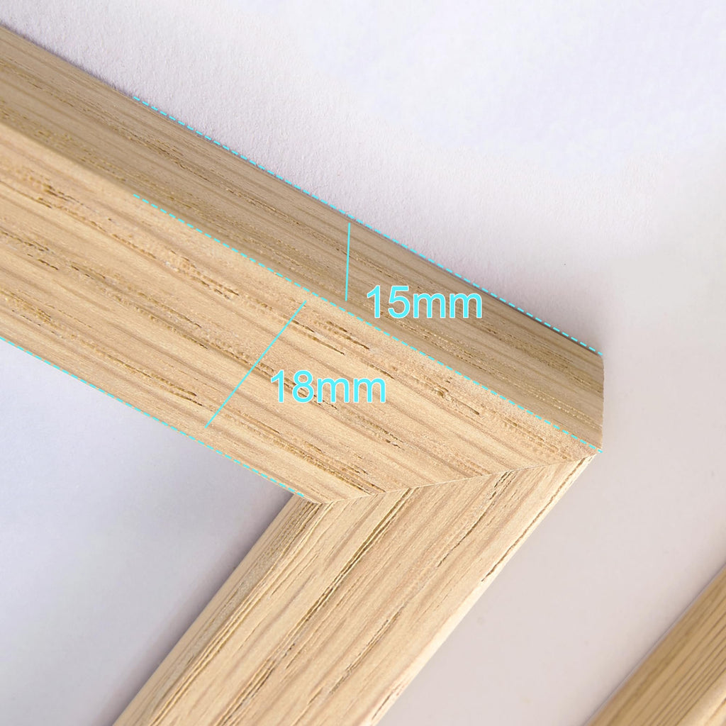 Close-up of a natural oak wood picture frame corner showing dimensions 15mm and 18mm with dashed lines.