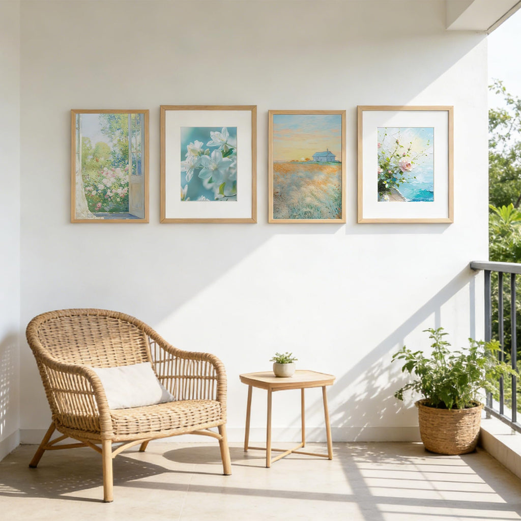Four framed art prints displayed on a white wall above a wicker chair and side table on a balcony.
