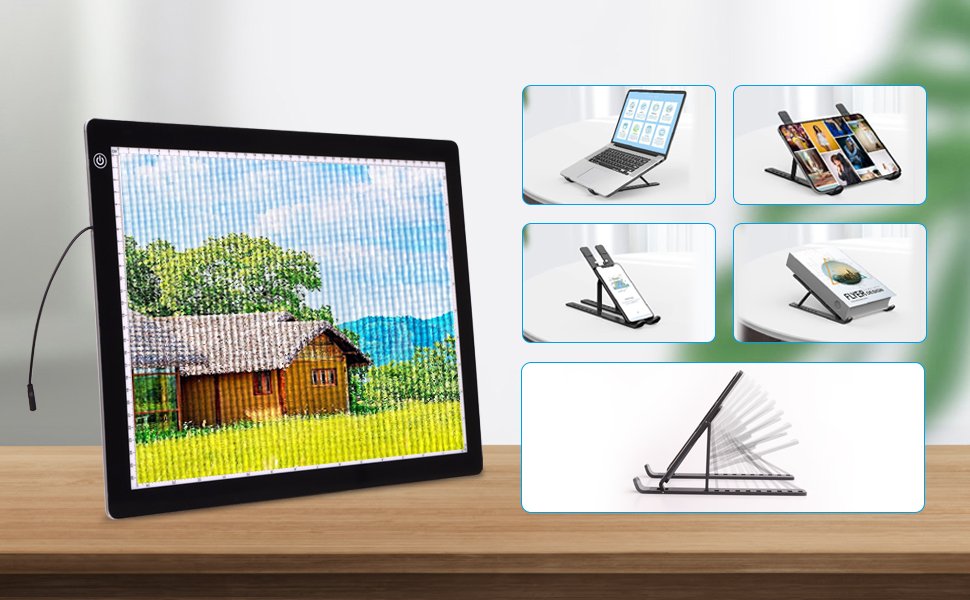 LED light pad displaying diamond painting of a house and trees, with inset images of various stands holding devices and a book.