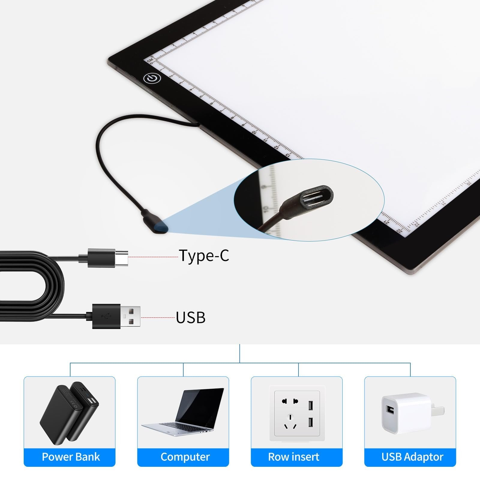 A4 LED light pad with USB-C and USB cables, showing power bank, computer, row insert, and USB adapter connection options.