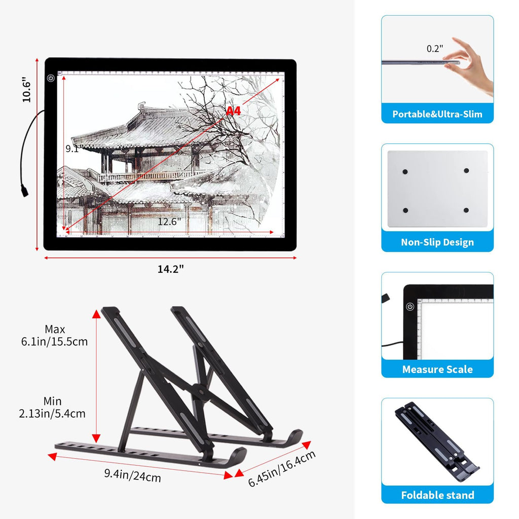 A4 LED light pad with stand, showing dimensions and features like portability and non-slip design.