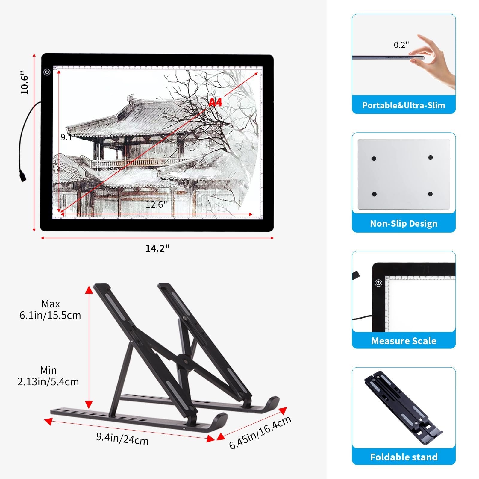 A4 LED light pad with stand, showing dimensions and features like portability and non-slip design.