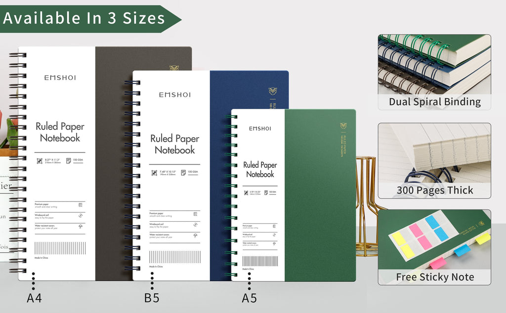 Three spiral-bound ruled paper notebooks in A4, B5, and A5 sizes, with details on paper quality and features.