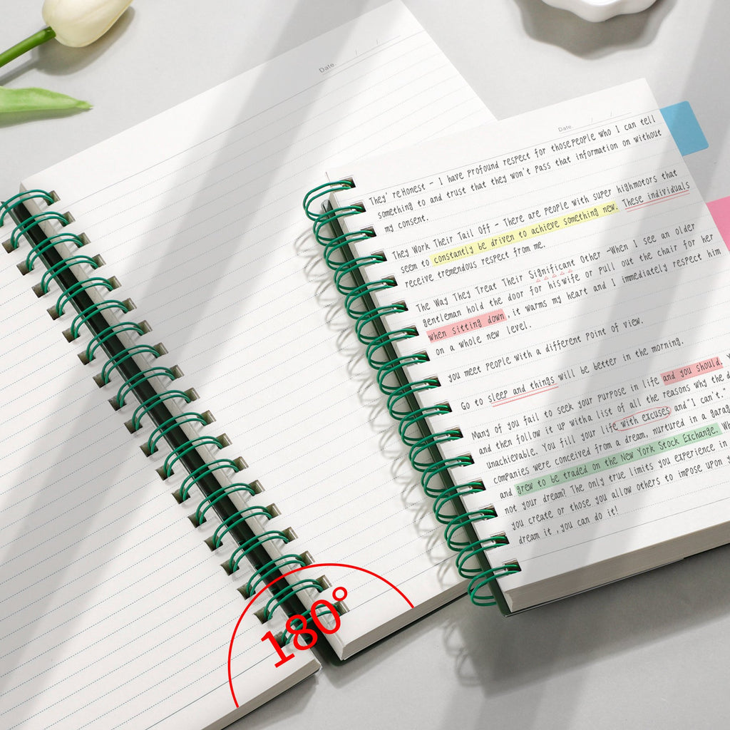 Open A5 spiral notebook with college-ruled lined pages, showing text with highlighter marks and a red 180 degree graphic.