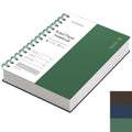 Green A5 spiral notebook with ruled paper, showing features like premium paper and waterproof hardcover.
