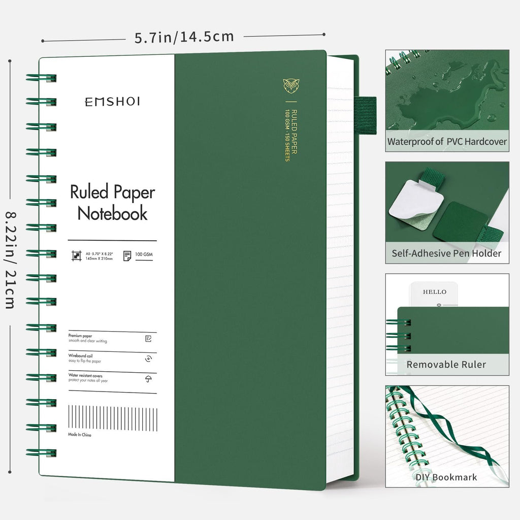 Green A5 ruled paper notebook with spiral binding, showing dimensions and features like waterproof hardcover and pen holder.