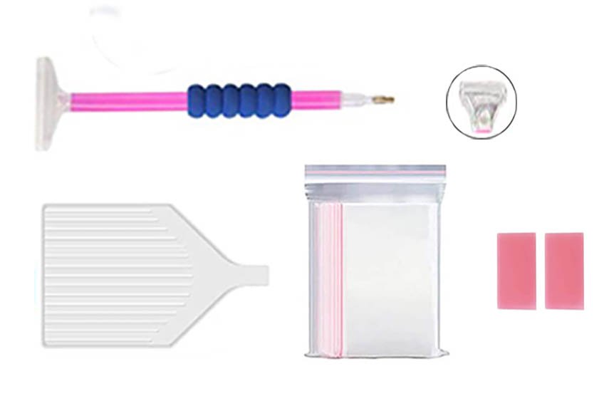 Diamond art painting tools including a pink and blue drill pen, white sorting tray, resealable bag, and pink adhesive squares.