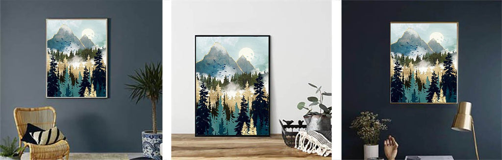 Abstract mountain forest landscape painting with gold accents, displayed in three different home settings.