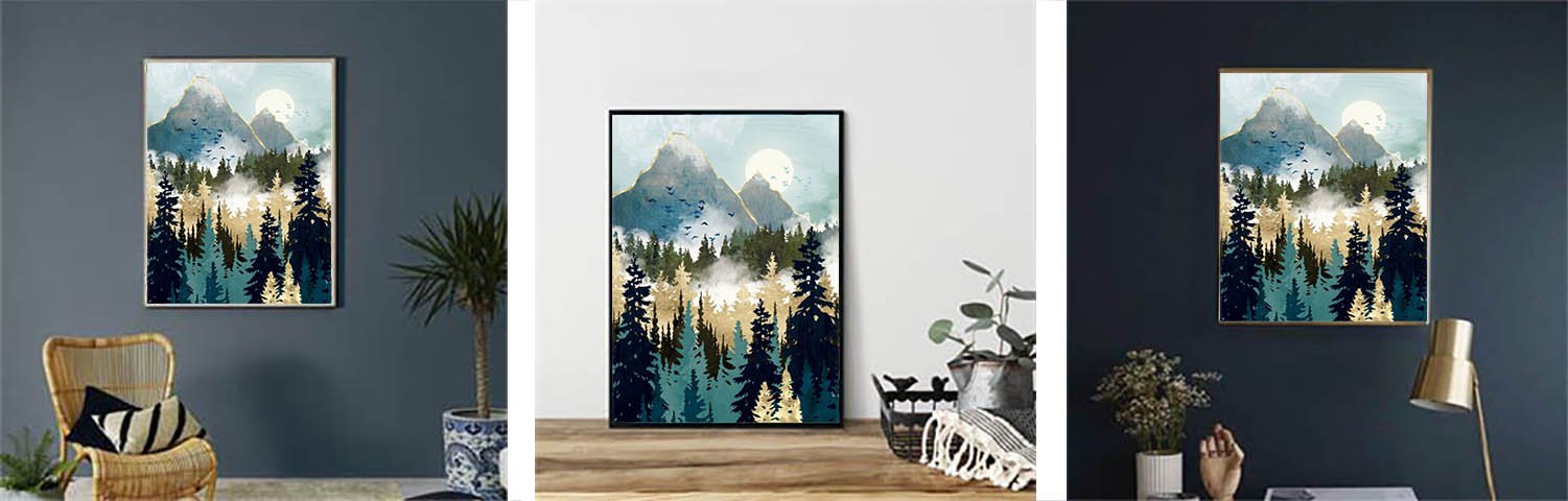 Abstract mountain forest landscape painting with gold accents, displayed in three different home settings.