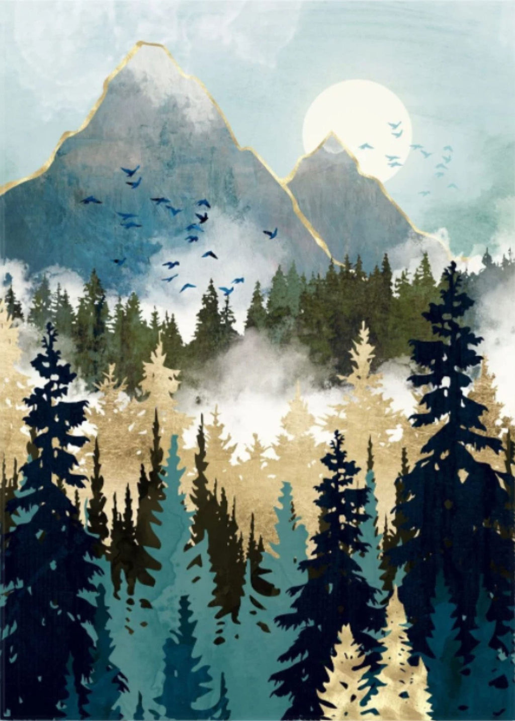 Abstract mountain landscape with pine trees and a flock of birds flying towards the sun.