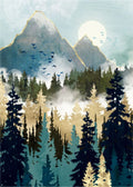 Abstract mountain landscape with pine trees and a flock of birds flying towards the sun.