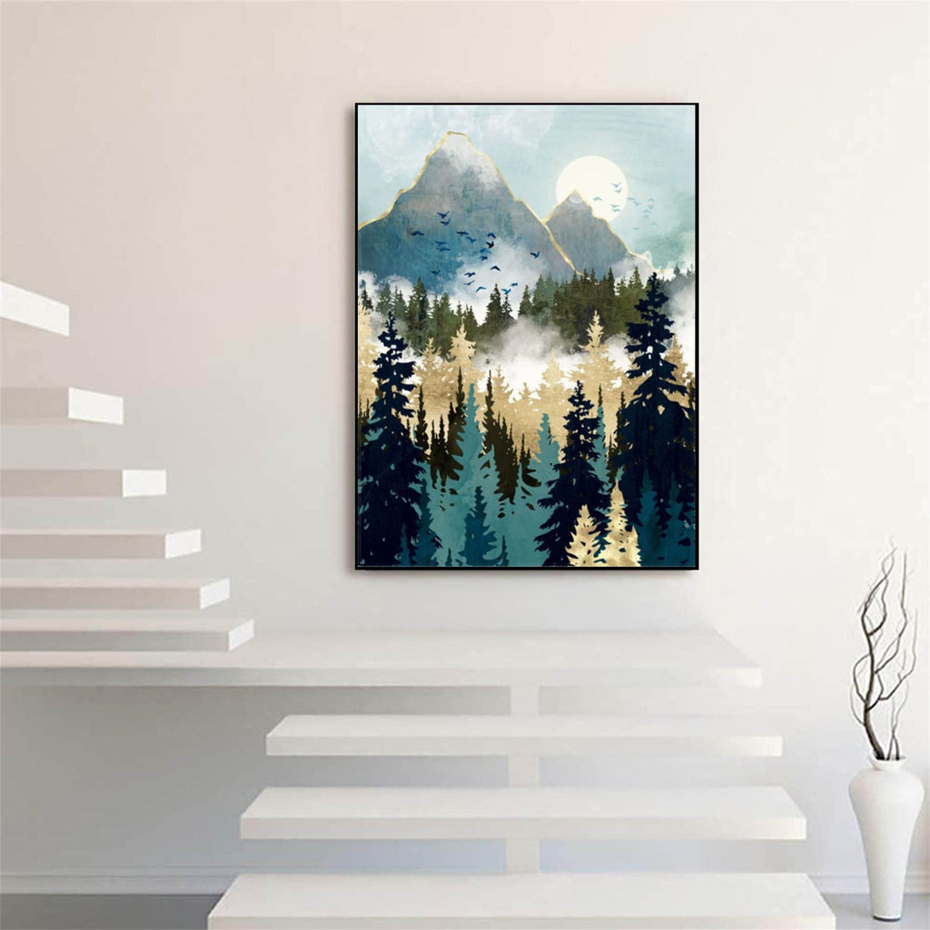 Abstract mountain forest landscape painting with sun and birds, framed and displayed on a wall next to a staircase.