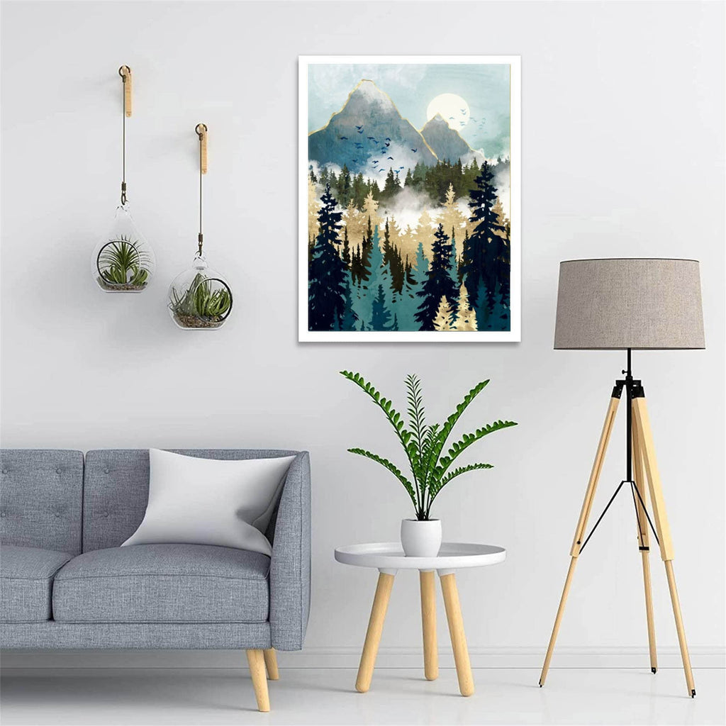 Abstract mountain forest landscape painting with sun and birds, displayed in a living room setting.
