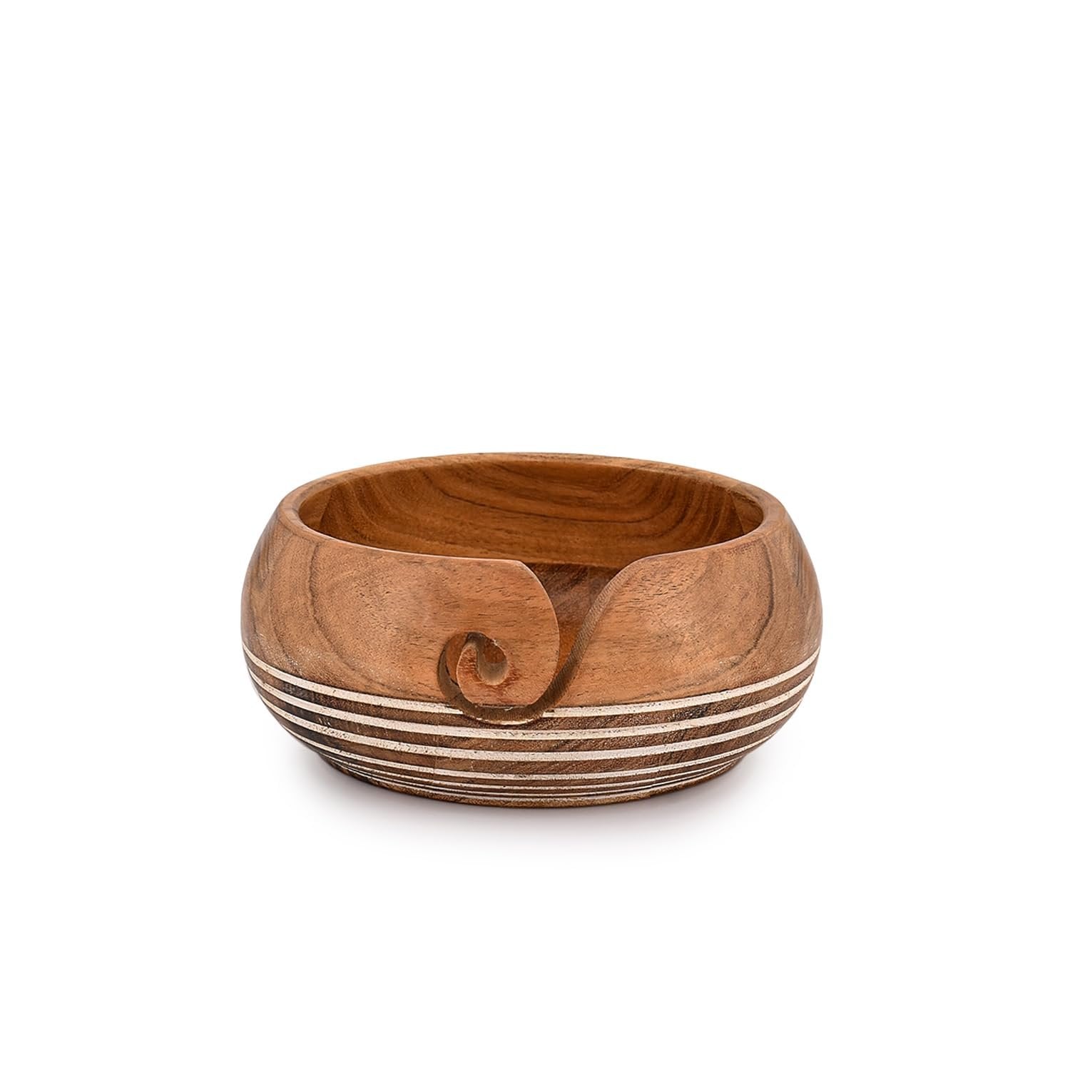 Wooden yarn bowl with carved swirl and striped pattern, shown from a front-side angle on a white background.