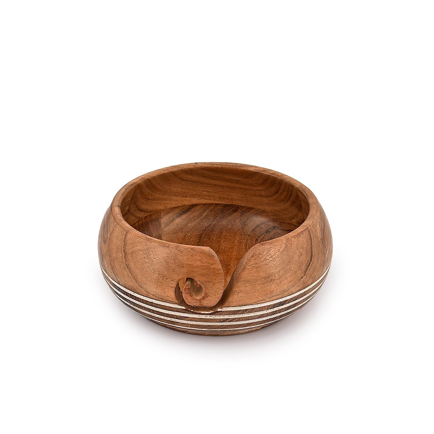 Acacia wood yarn bowl with carved slot for yarn, on a white background.