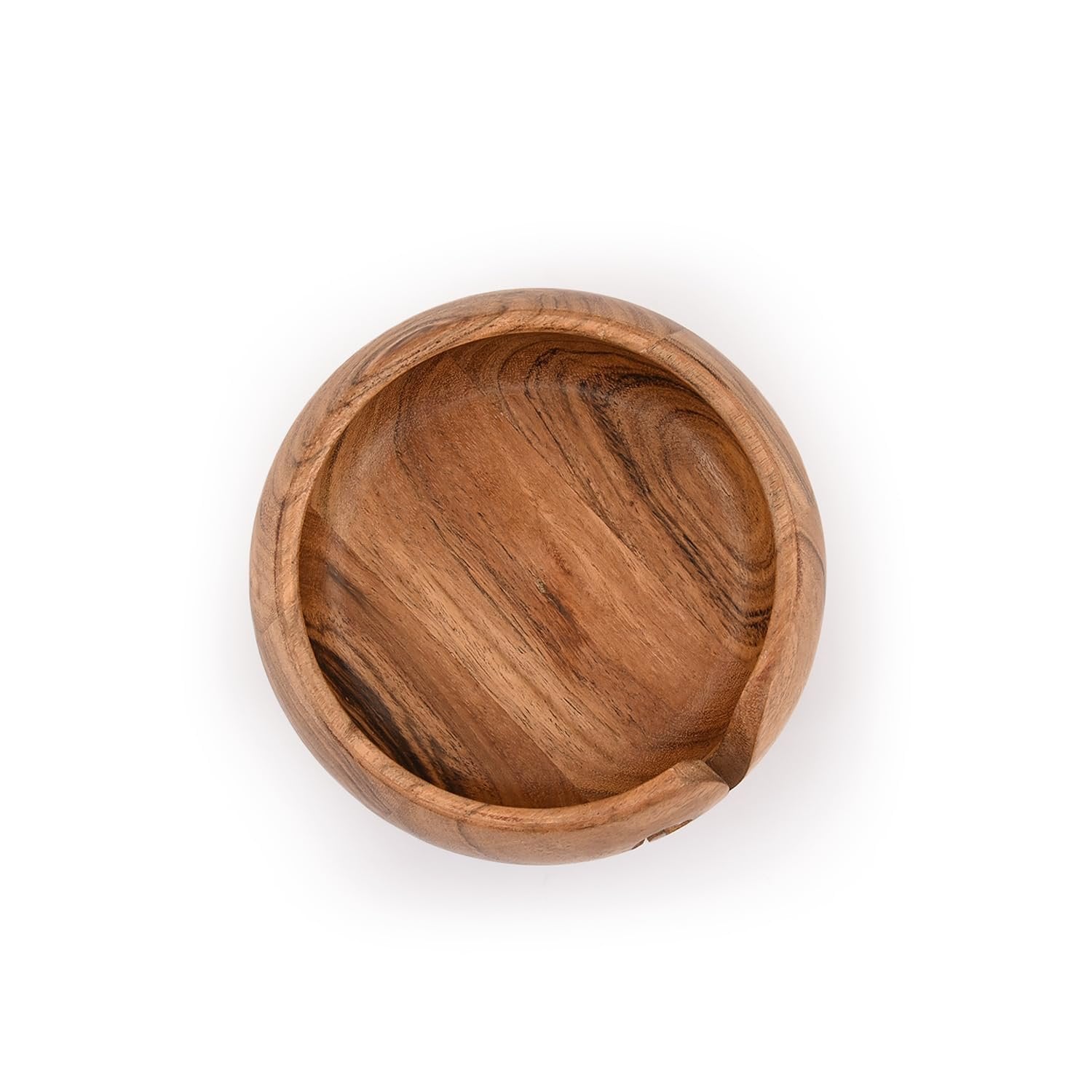 Acacia wood yarn bowl with a slot for yarn, shown from a top-down angle on a white background.