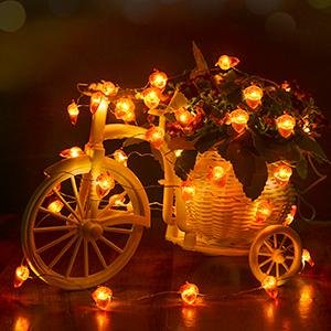 Acorn-shaped fairy string lights draped around a decorative white bicycle with a basket of flowers.
