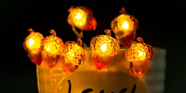 Close-up of illuminated acorn-shaped string lights on a dark background, with some lights blurred.