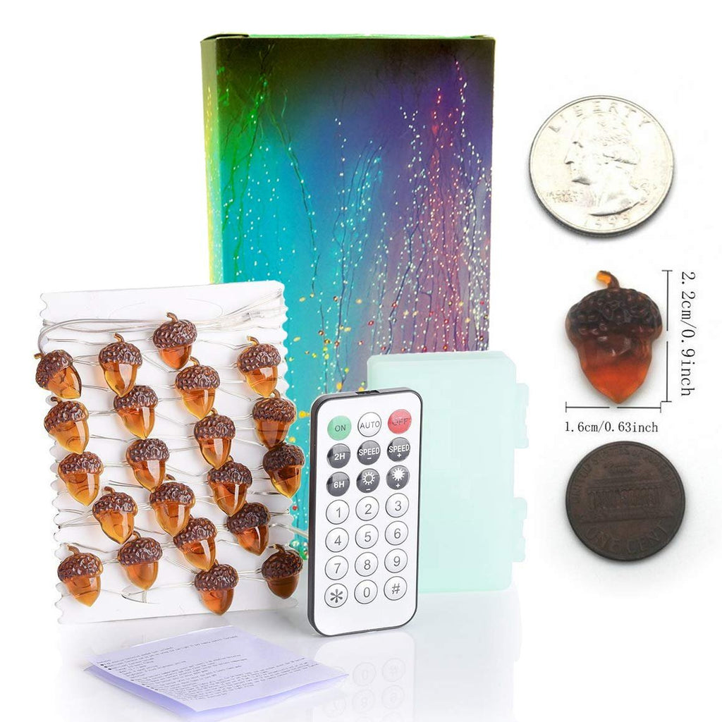 Acorn fairy string lights with remote control, showing product details and size comparison with coins.