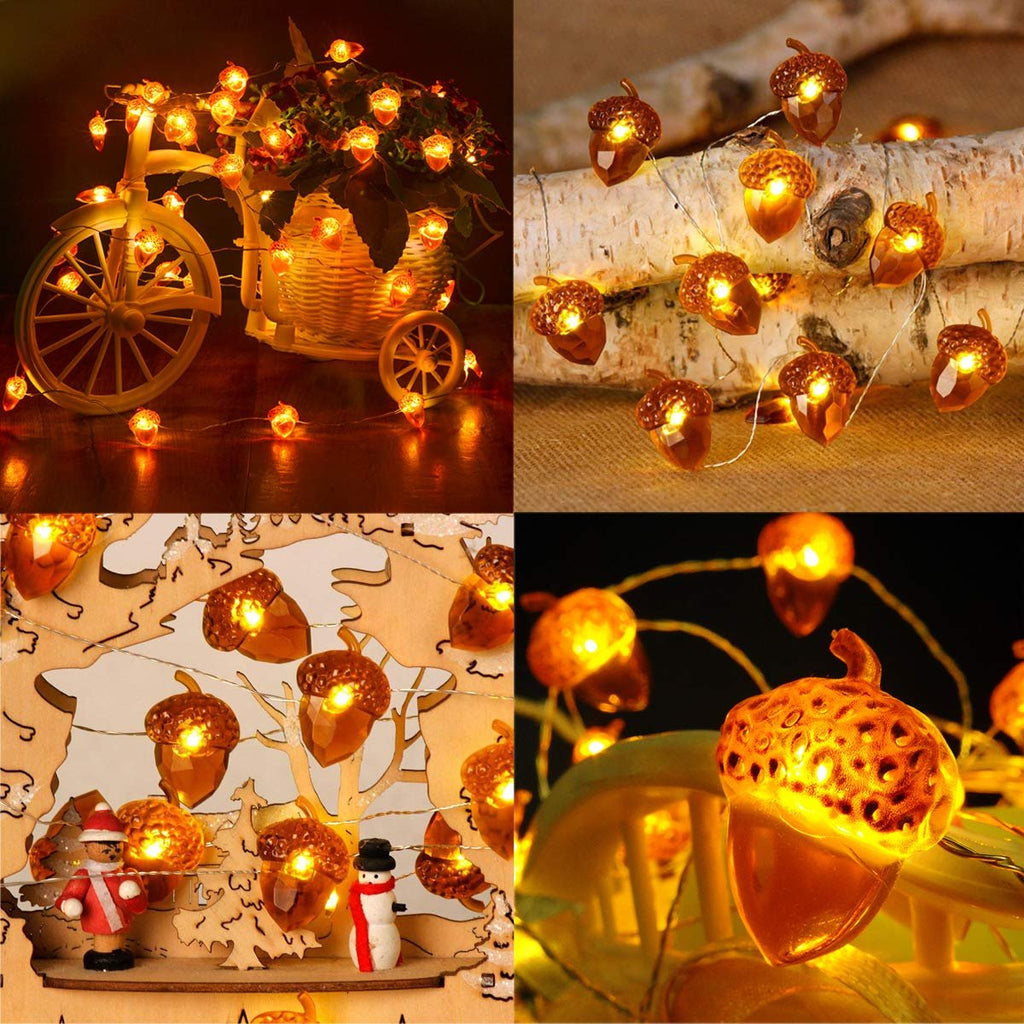 Collage of acorn-shaped string lights in various autumn-themed settings.