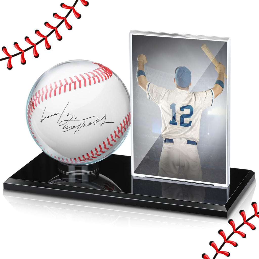 Baseball display case with a baseball and a framed image of a baseball player on a black base, with decorative baseball stitches on the sides.