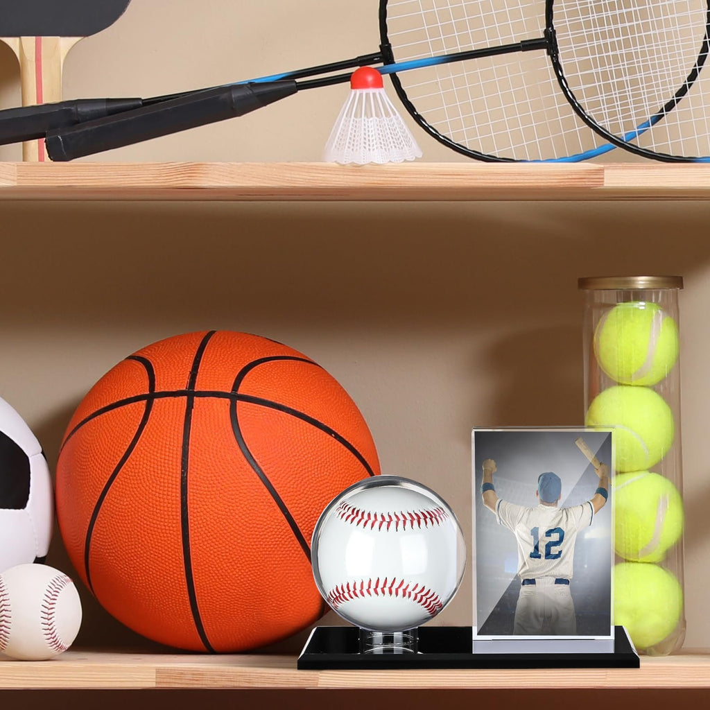 Sports equipment display shelf with basketball, baseball, tennis balls, and badminton rackets