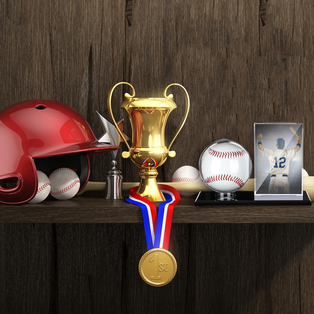 Baseball helmet, trophy, baseballs, and a framed player on a wooden shelf