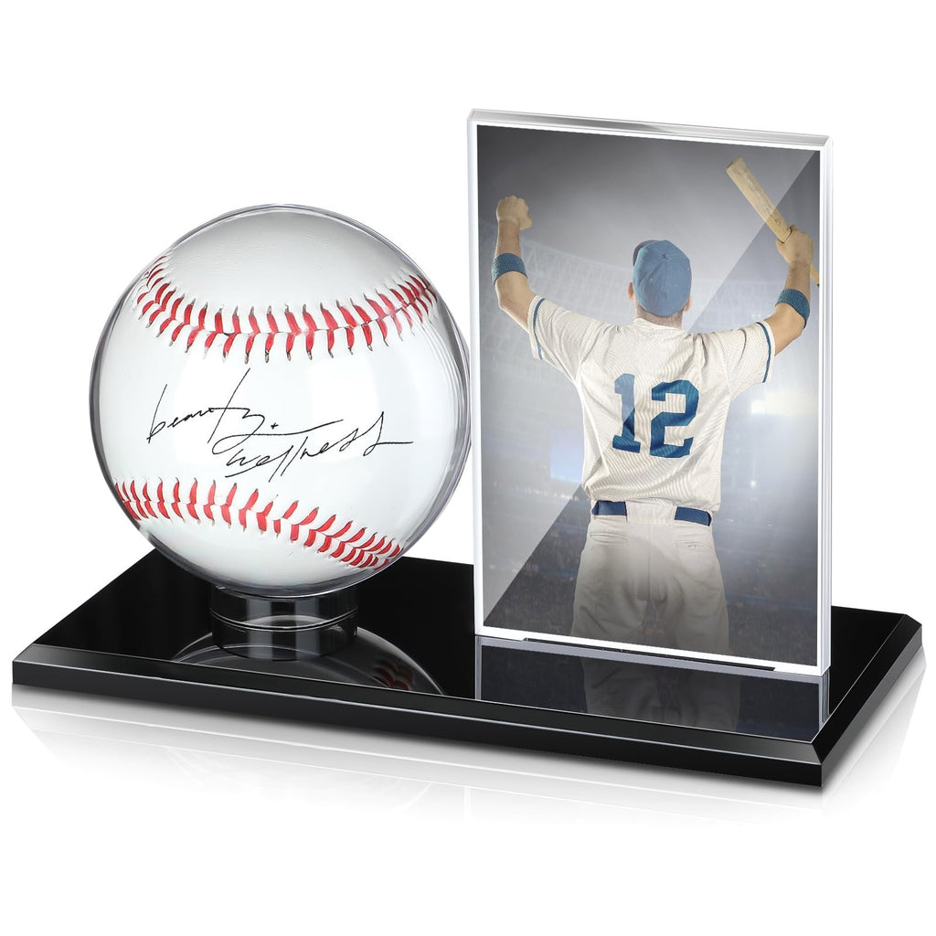 Baseball and card display case with a baseball and a framed baseball player on a black base