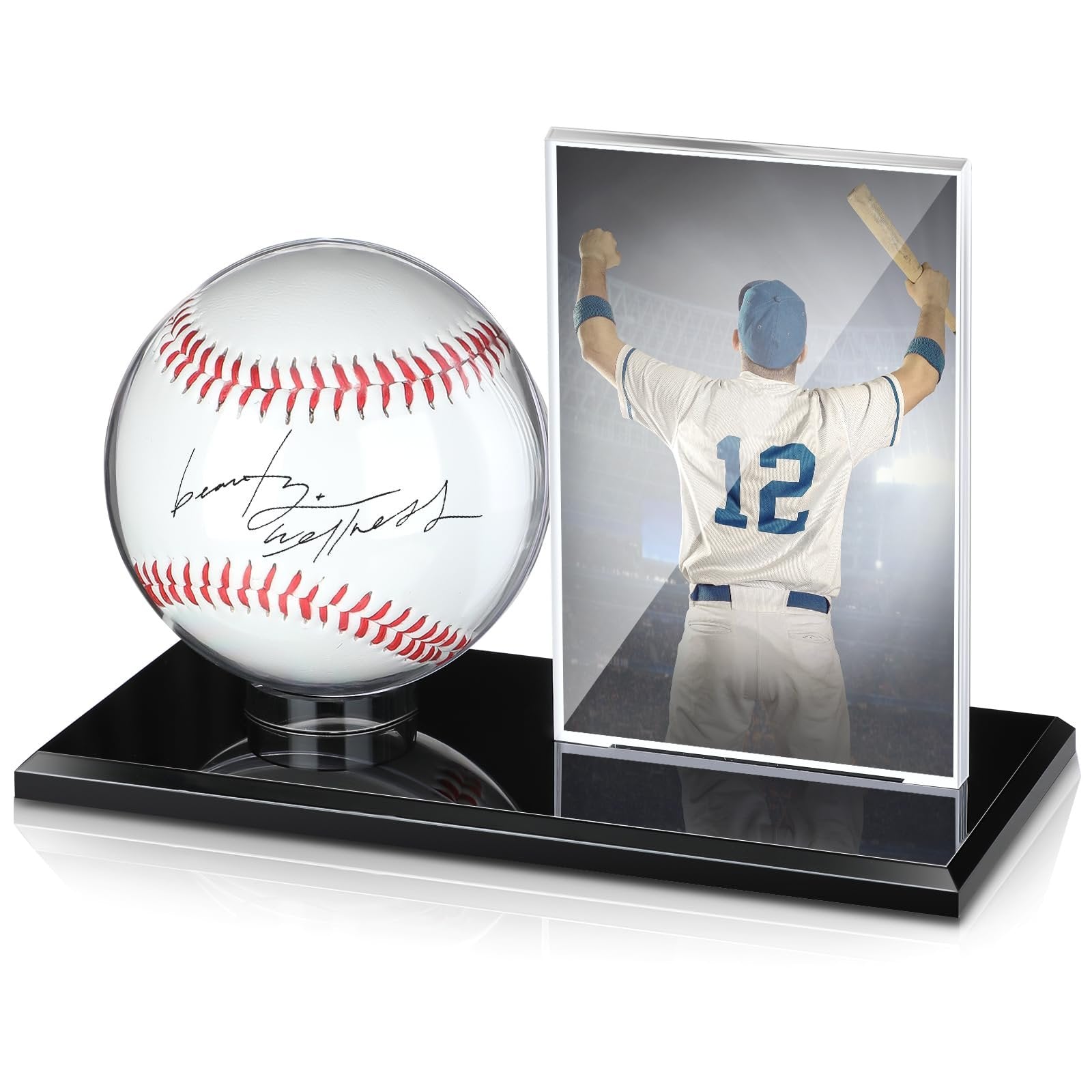 Baseball and card display case with a baseball and a framed baseball player on a black base