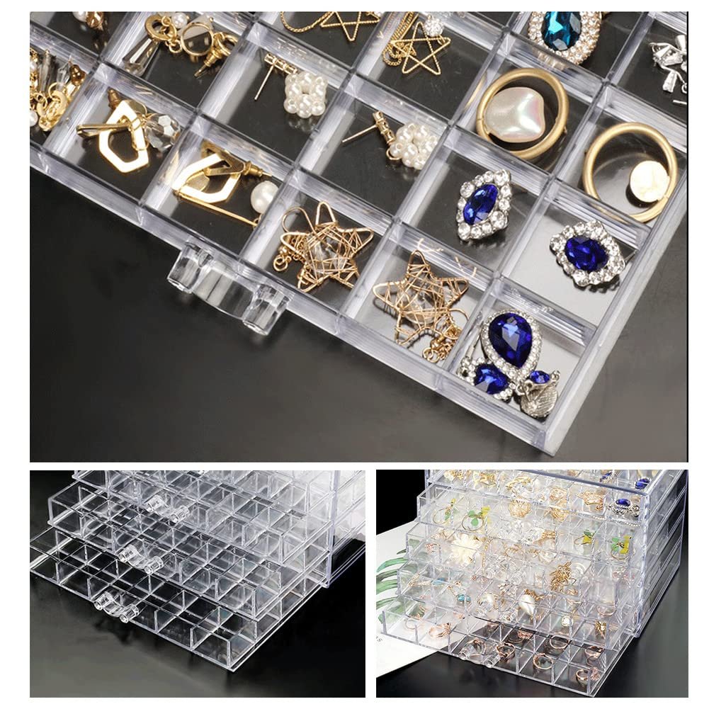 Clear acrylic earring organizer with 5 drawers and 120 compartments filled with jewelry, shown from multiple angles.