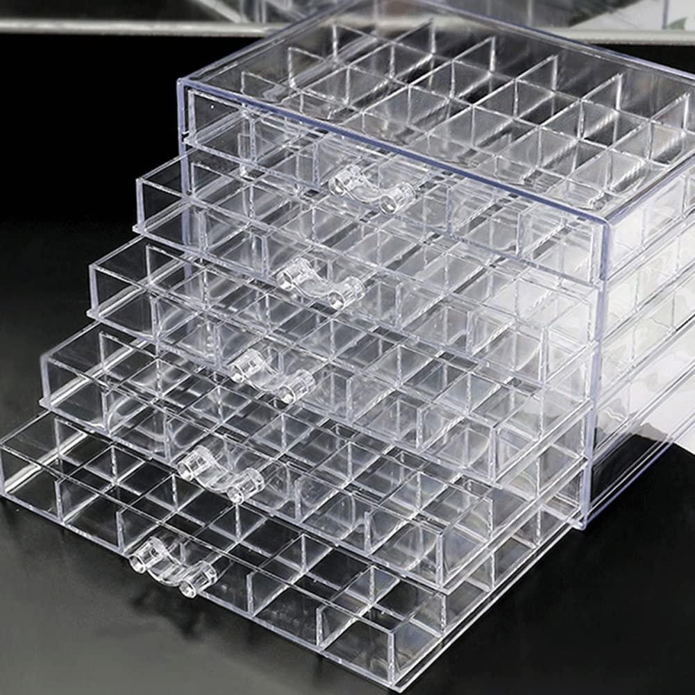 Clear acrylic earring organizer with 5 drawers and 120 compartments, shown at an angle on a dark surface.