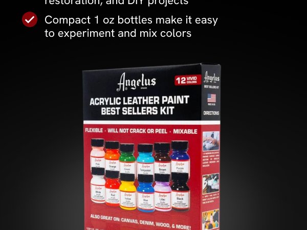 Acrylic leather paint set box with 12 small bottles of paint inside, showing various colors.