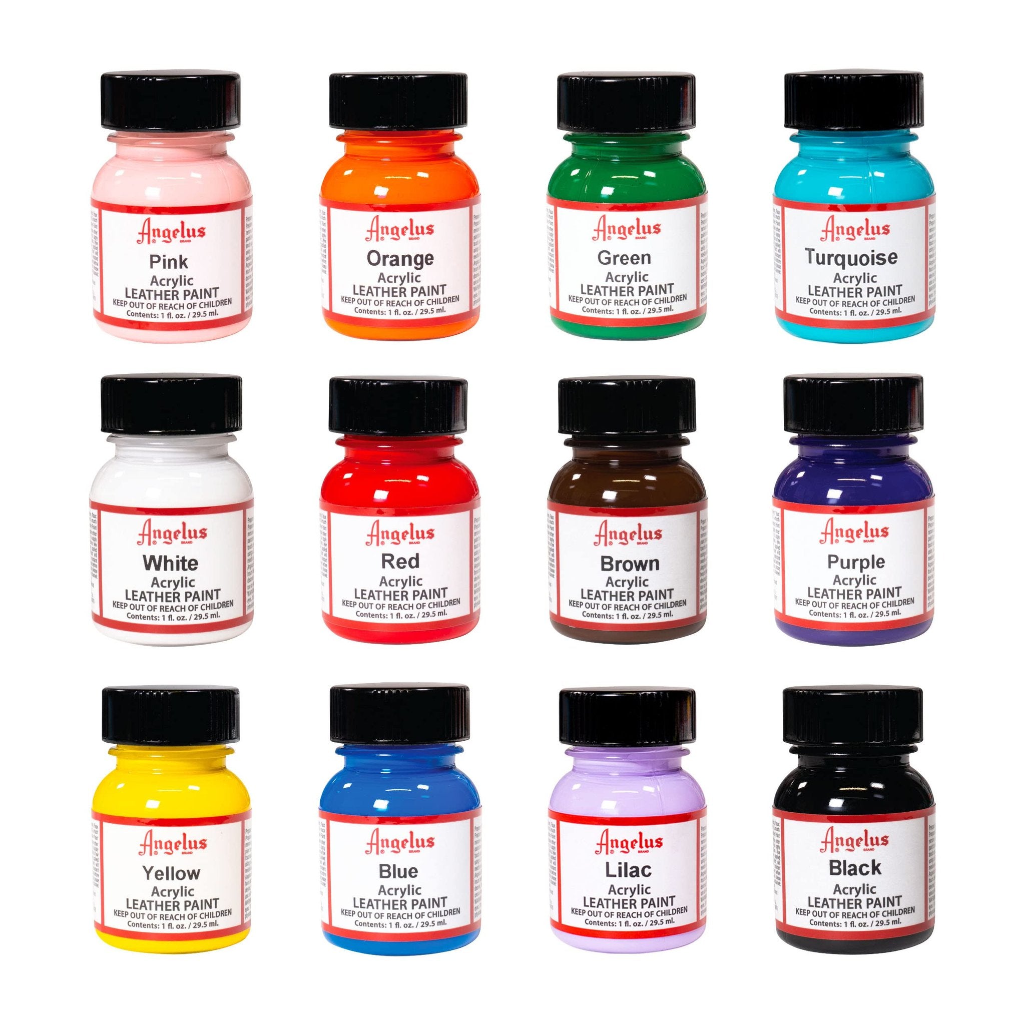 Set of 12 acrylic leather paint bottles in various colors, arranged in three rows on a white background.