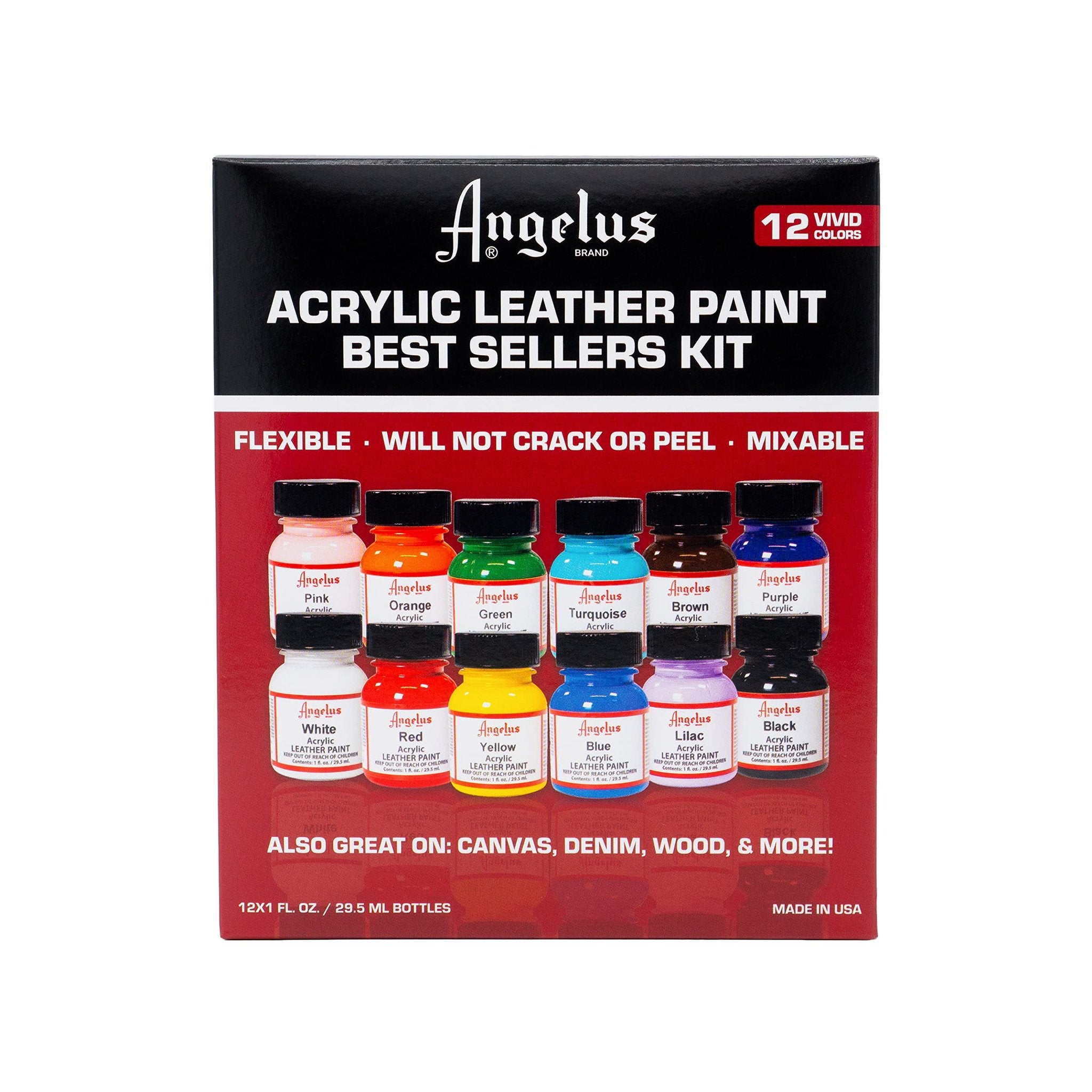 Acrylic leather paint set with 12 bottles in various colors, displayed in a box with product information.