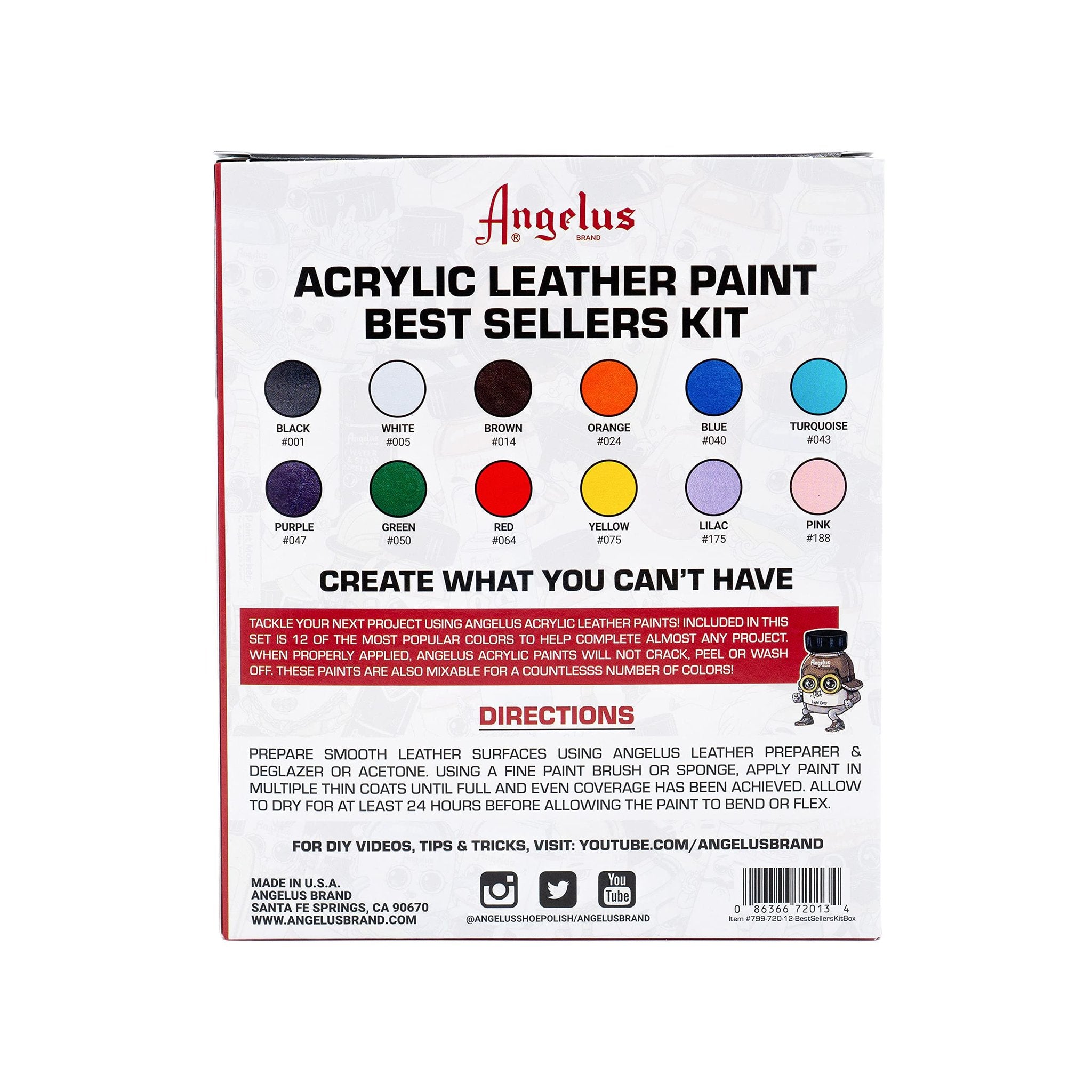Acrylic leather paint best sellers kit box showing 12 color swatches and product information.