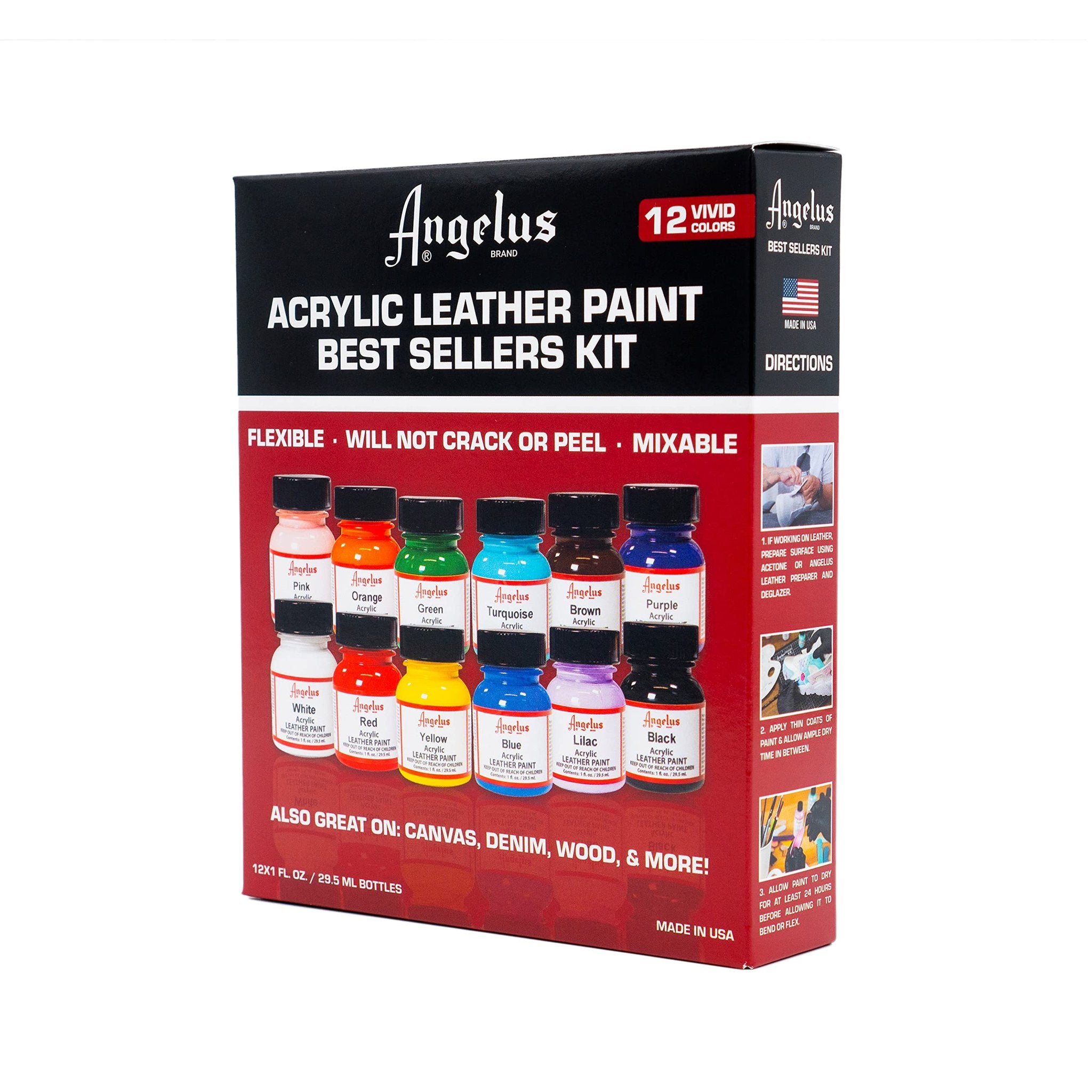 Acrylic leather paint set with 12 colors in small bottles, displayed in a box with instructions.