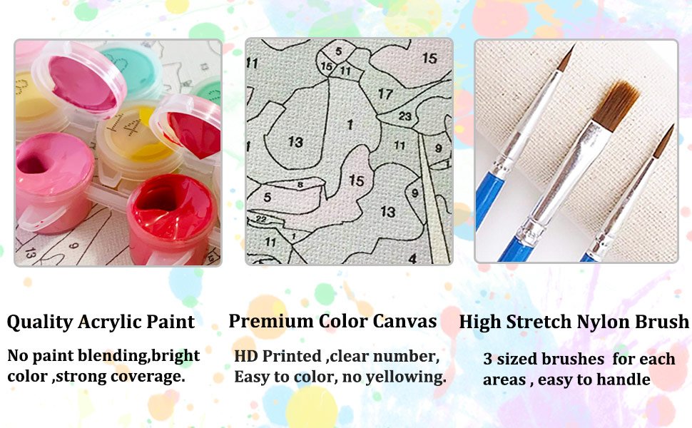 Paint by numbers kit showing acrylic paint pots, numbered canvas detail, and three paint brushes.