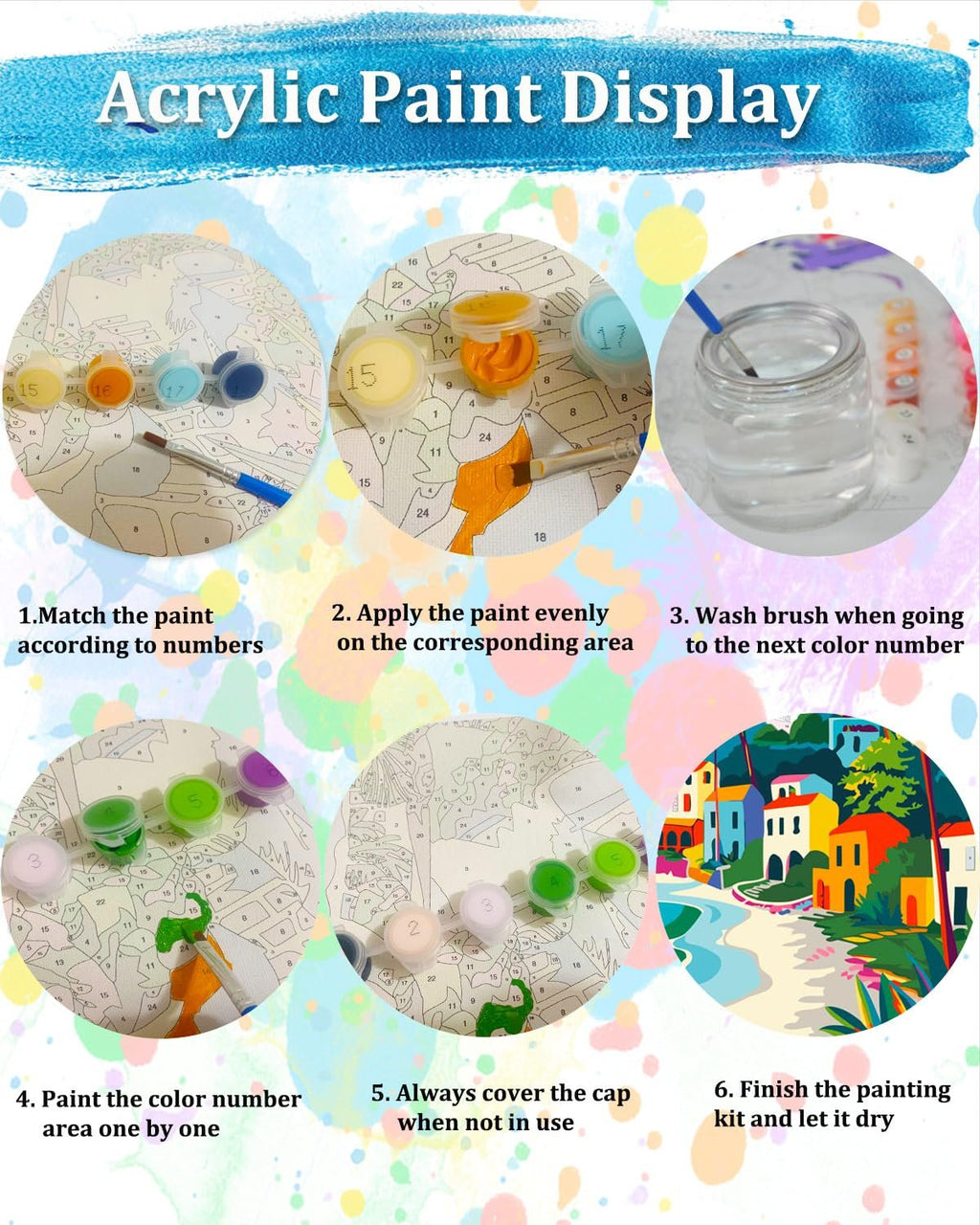 Paint by numbers kit instructions showing paint pots, brushes, and canvas sections with numbered areas.