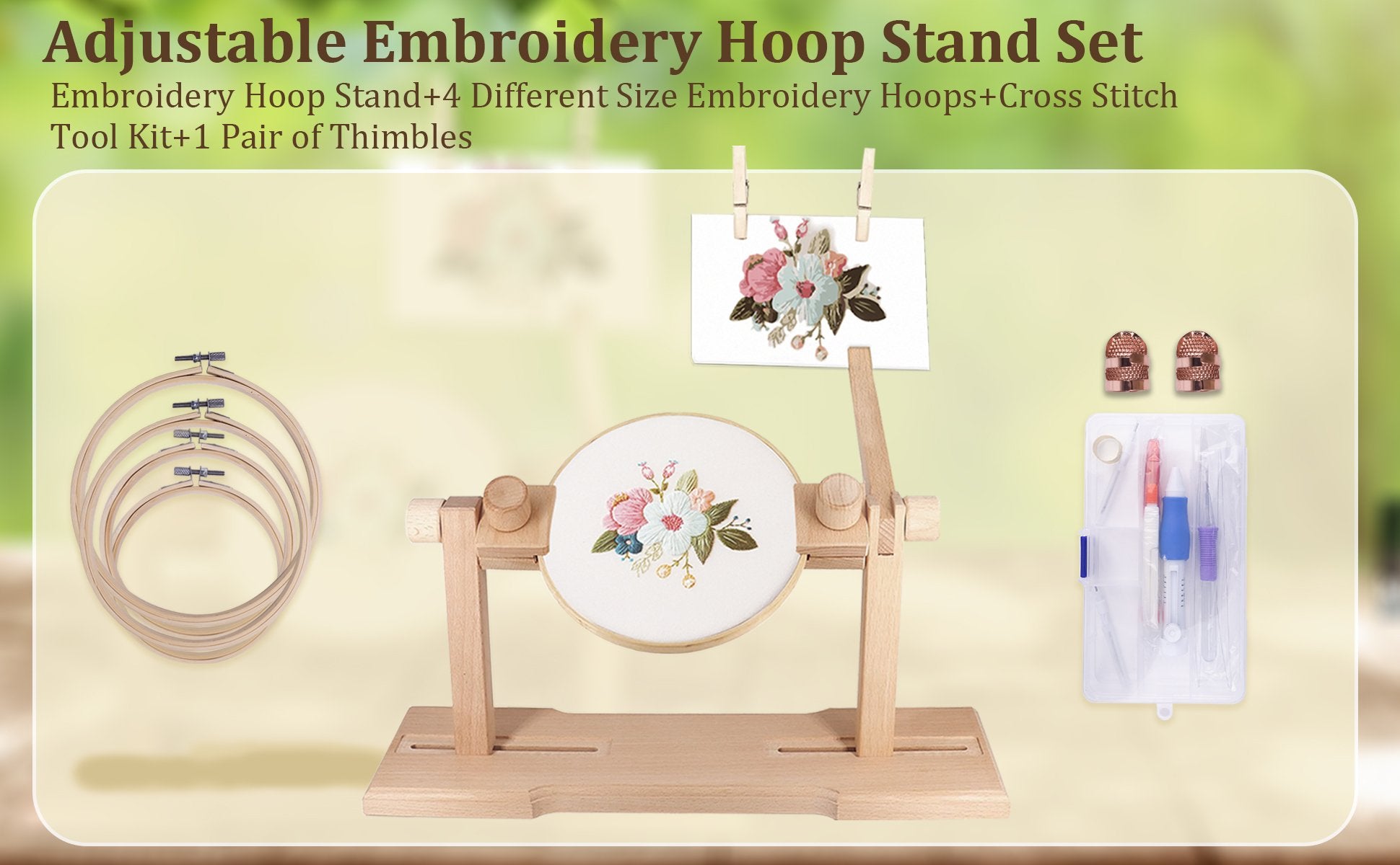 Adjustable embroidery hoop stand set with four hoops, cross stitch tool kit, and thimbles